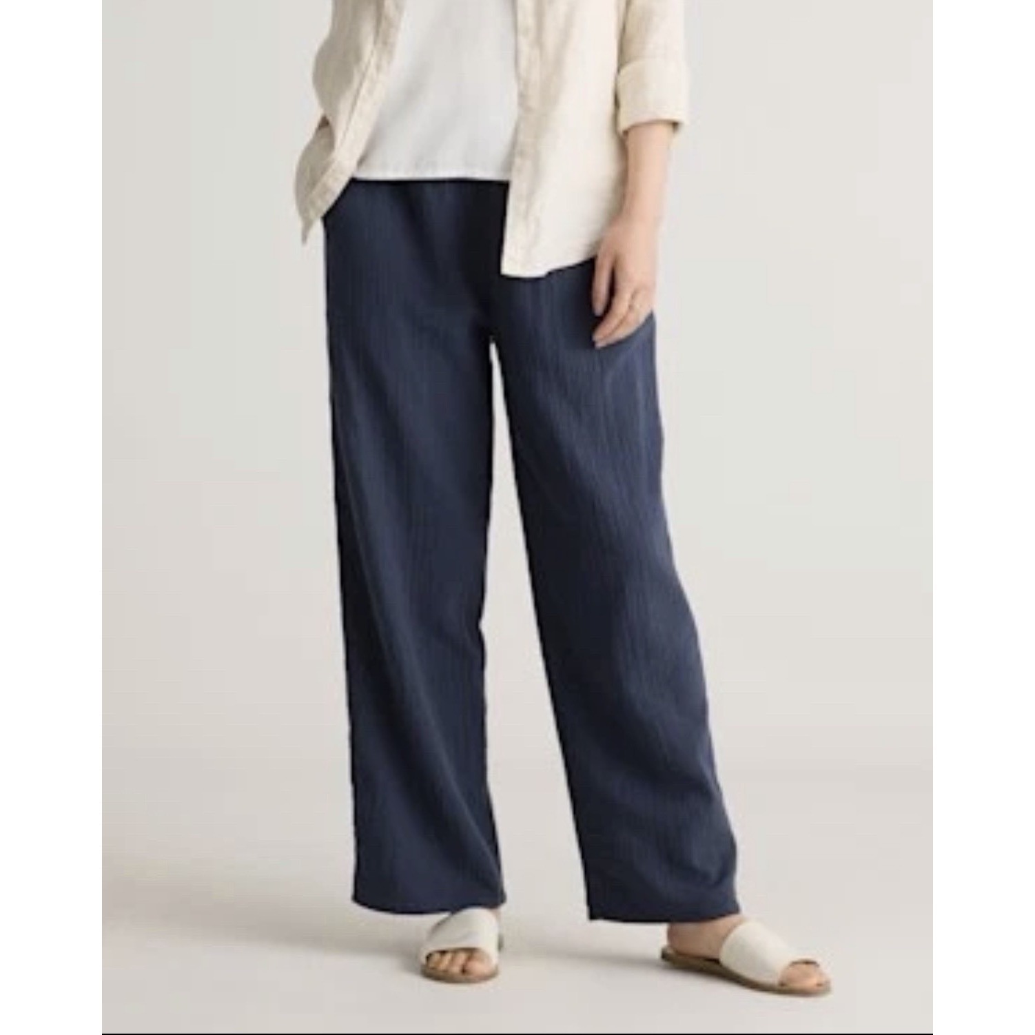 Quince Pants Organic Cotton Gauze Straight Leg Blue Drawstring Pockets Coastal